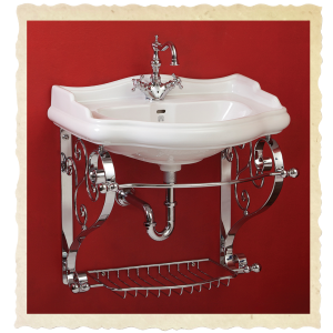 Washbasin console wall hung with shelf-grid