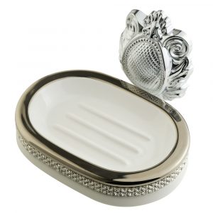 Soap dish, ceramic, color white, decor platinum, swarovski, chrome
