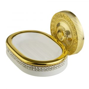 Soap dish, ceramic, color white, decor gold, swarovski, gold holder