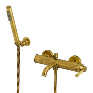 Exposed bathtube mixer with flexible 150 cm and duplex shower, thermostatic