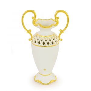 FIORI GOLD Vaso con manici 32x22xh54 cm, ceramica, Colore Bianco, Decorazione oro