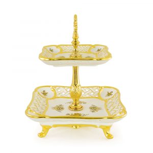 FIORI GOLD Menagerie 32x32xh35cm 2 livelli, Ceramica / Ottone, colore bianco, decorazione oro